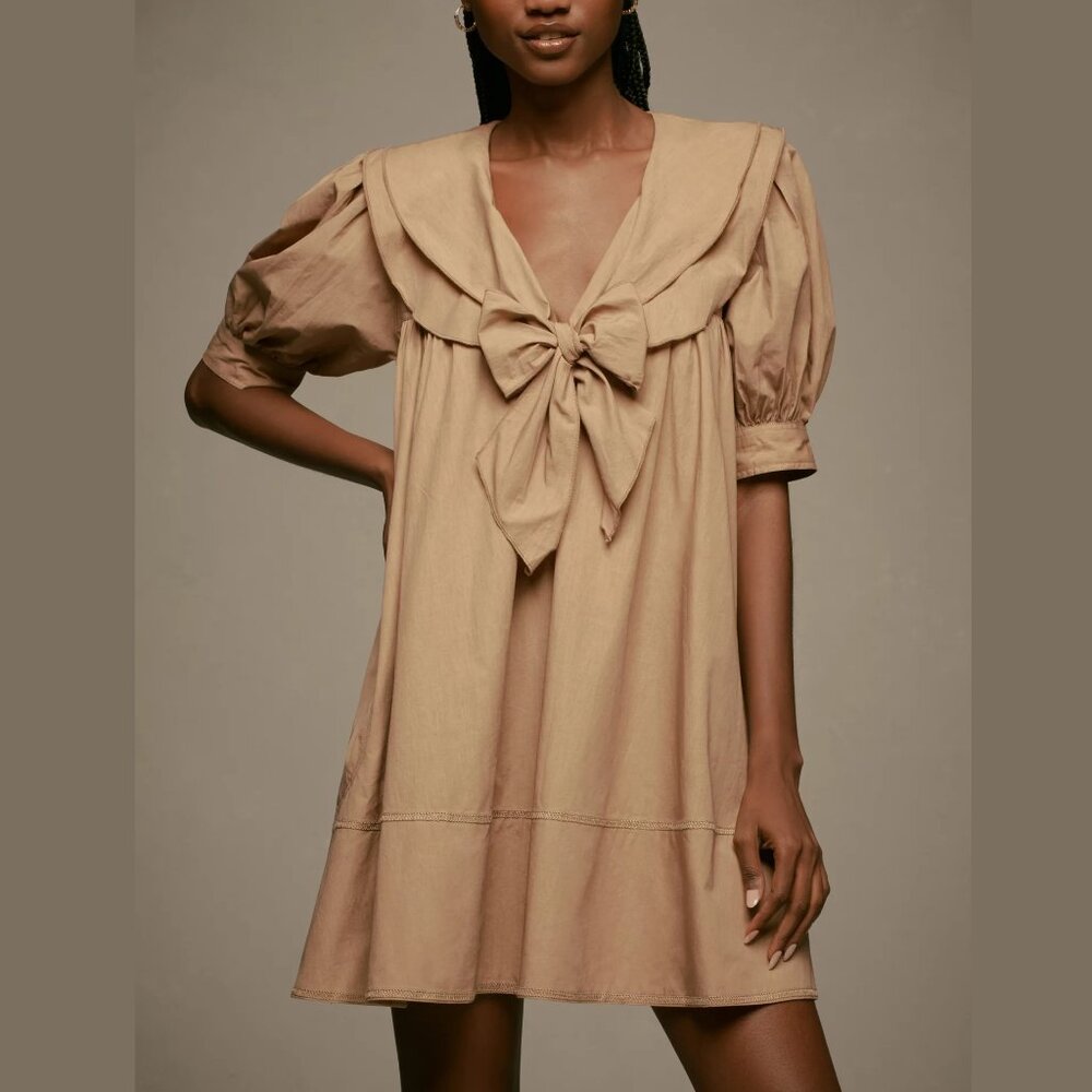 Anthropologie Pilcro Short-Sleeve Bow-Front Tunic Mini Dress Khaki Brown S